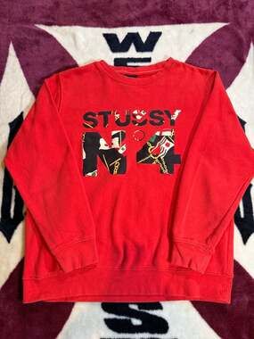 Vintage Stussy No. 4 Crewneck Sweatshirt Red with Camo Graphic